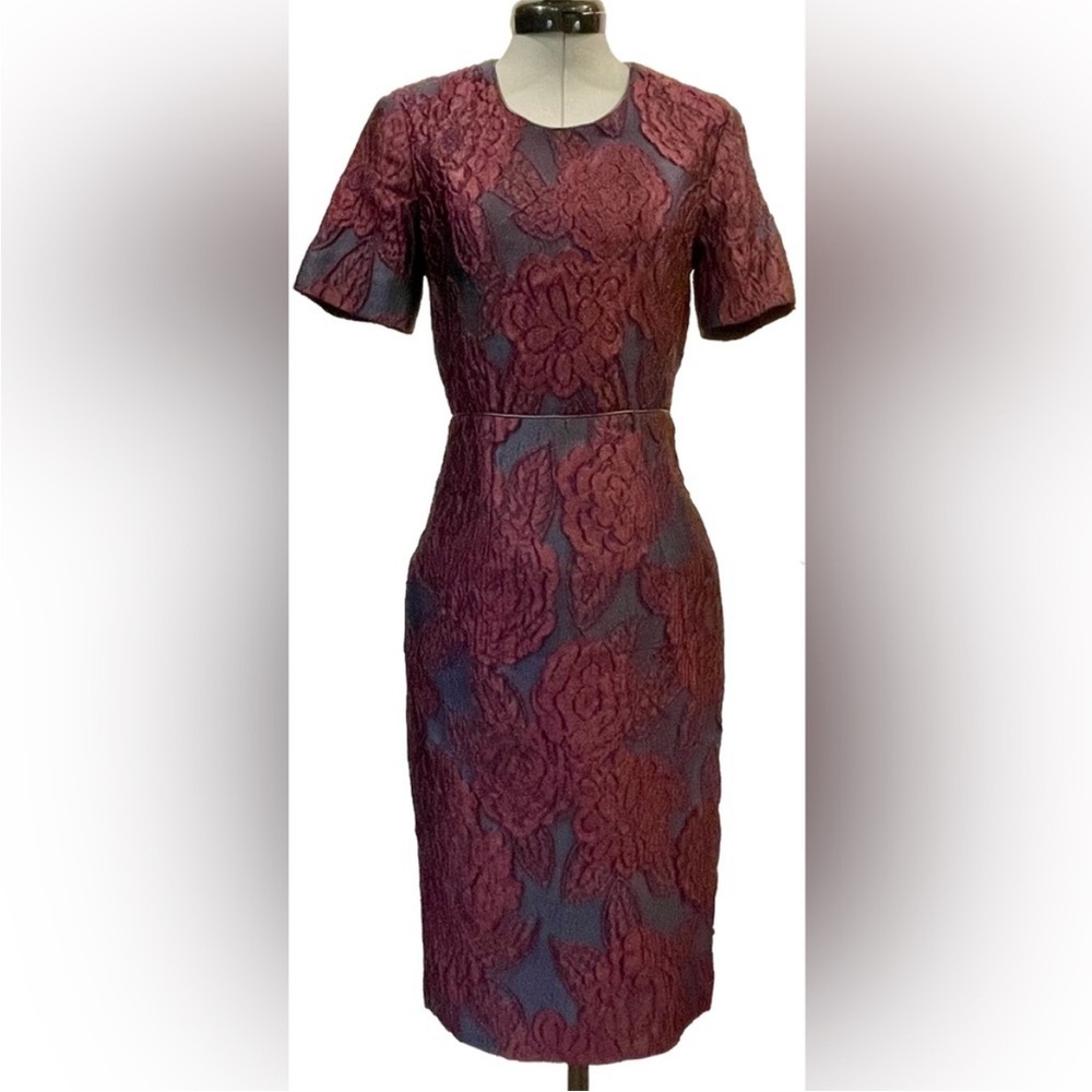 Burberry short sleeve midi dress, drk blue w/burgundy lace overlay, sz2, EUC